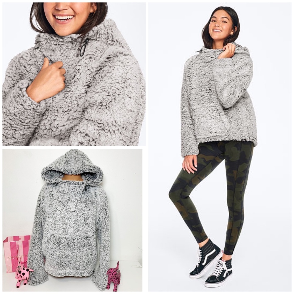 PINK VS SHERPA FUNNEL NECK HOODIE PULLOVER